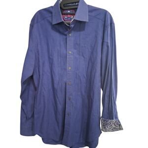 Robert Graham Shirt Men's Med Blue Button Down 100% Silk Trim 100% Cotton Base
